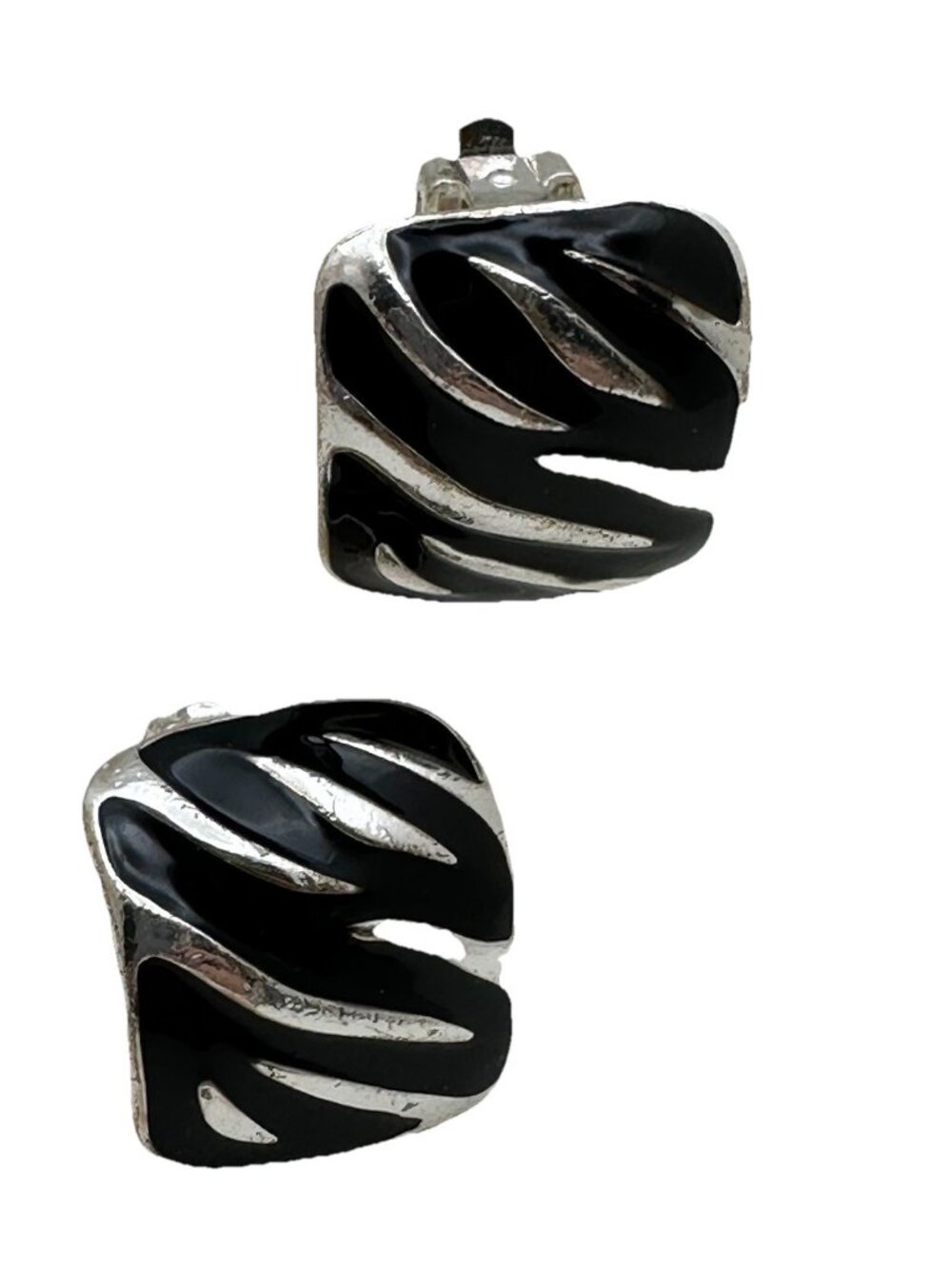 90s Zebra Stripe Earrings Clip Ons Black Silver Tone 1" Square Retro Granny